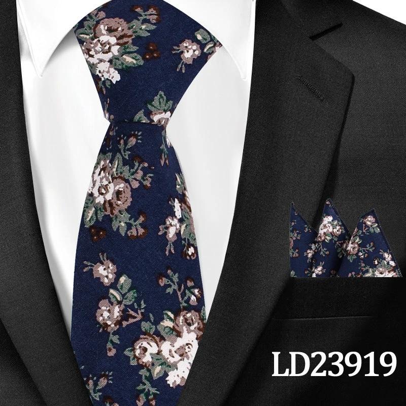 Men's Casual Cotton Floral Print 6cm Tie and Pocket Square by GJG Denim