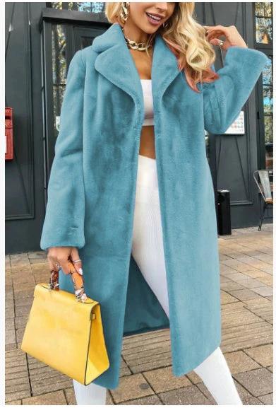Women's Fashionable Elegant Lace-up Turn-down Collar Plush Long Coat by GJG Denim