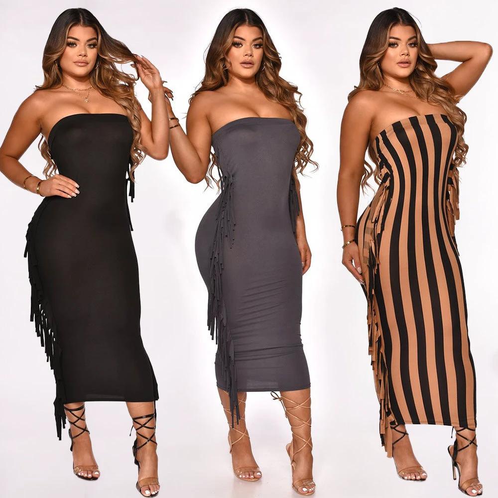 Sexy Wrap Chest Fringed Tight Dress by GJG Denim
