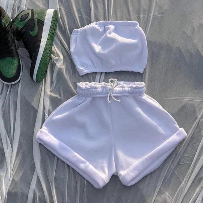 High Waist Lace-up Fashion Casual Shorts And Chest Wrap Suit Women by GJG Denim