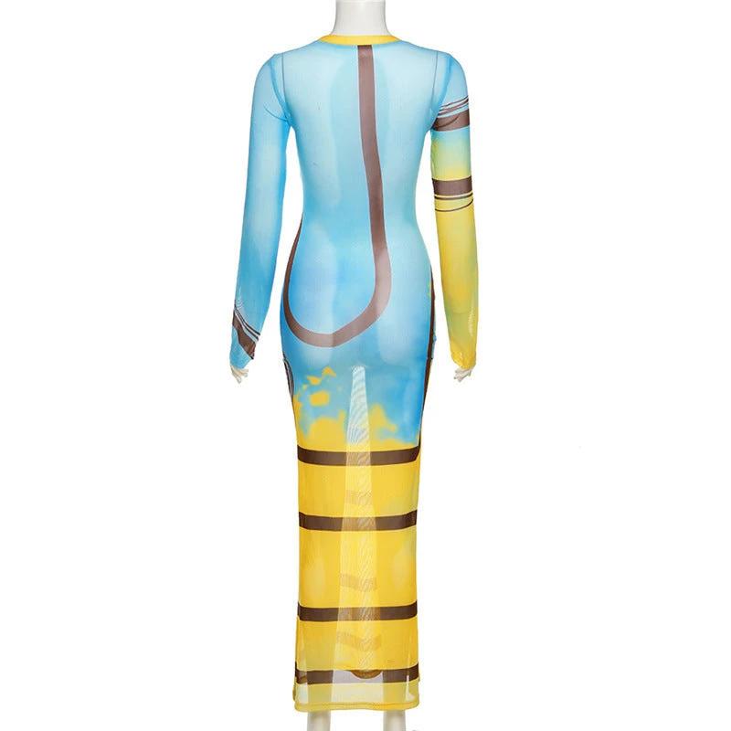 Mesh Stripe Print Perspective Slim Fit Wrap Hip Dress by GJG Denim