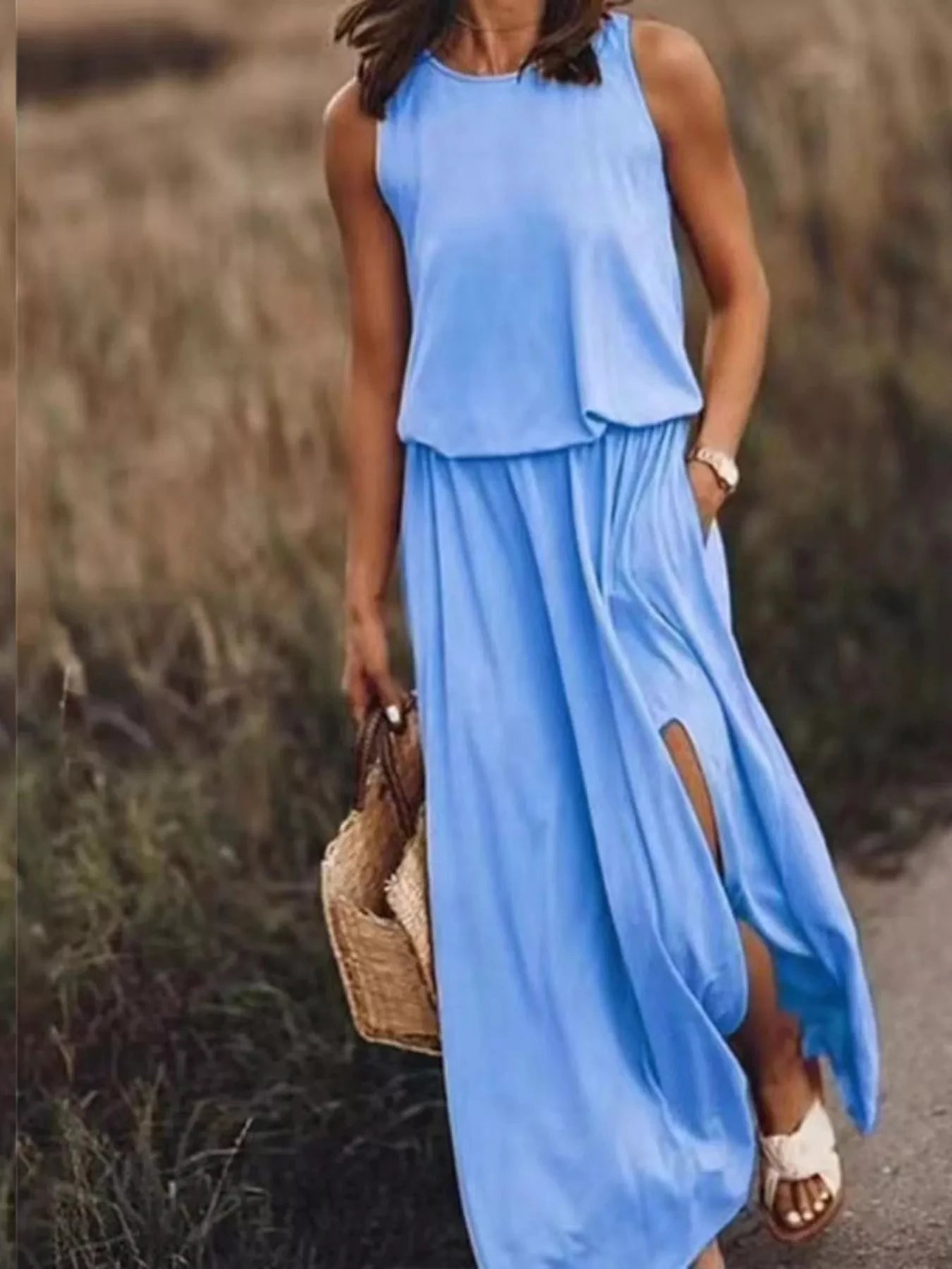 Full Size Round Neck Sleeveless Slit Maxi Dress Plus Size by Lady Ros