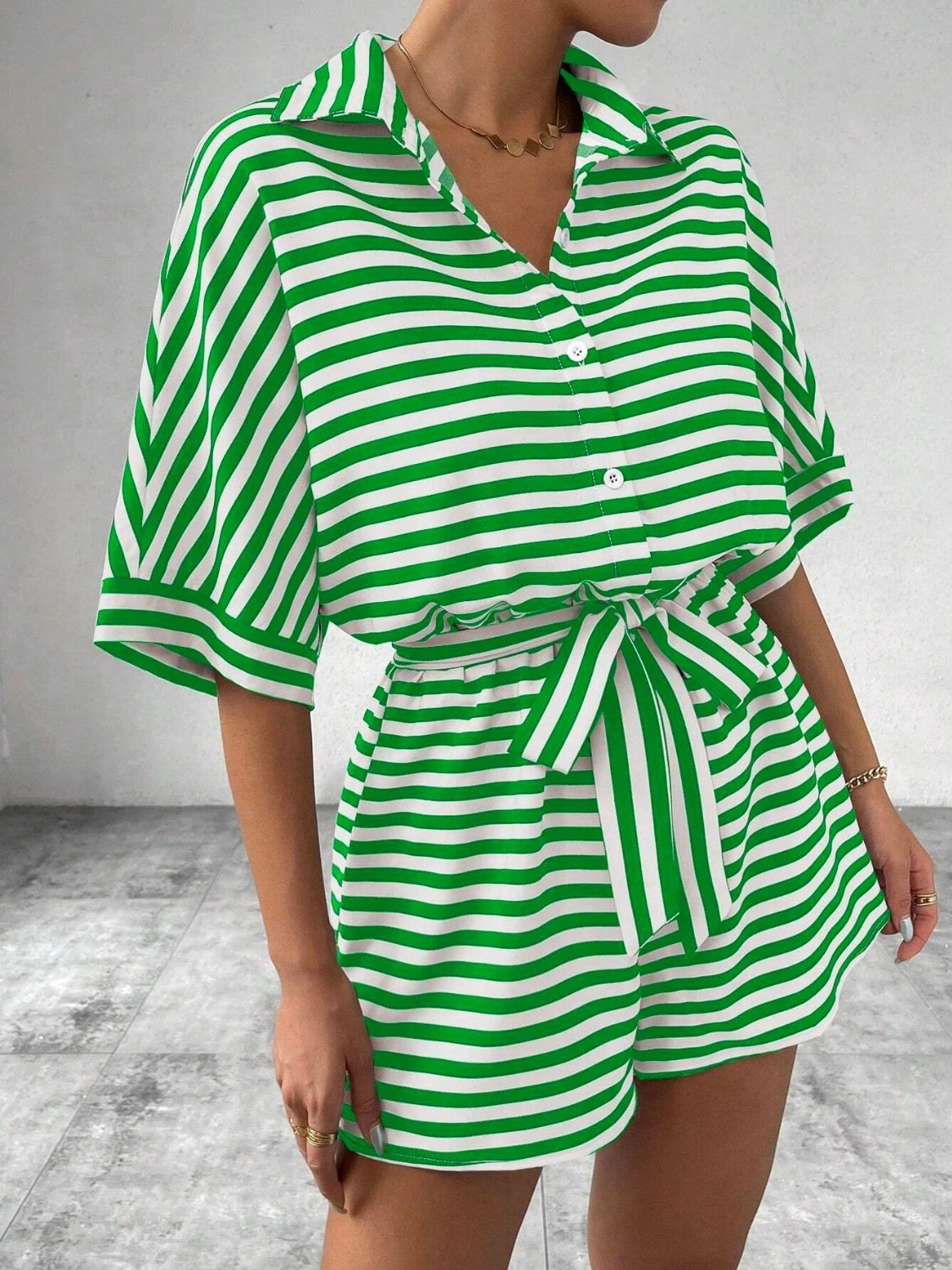 Tie Waist Half Button Striped Romper by VYSN