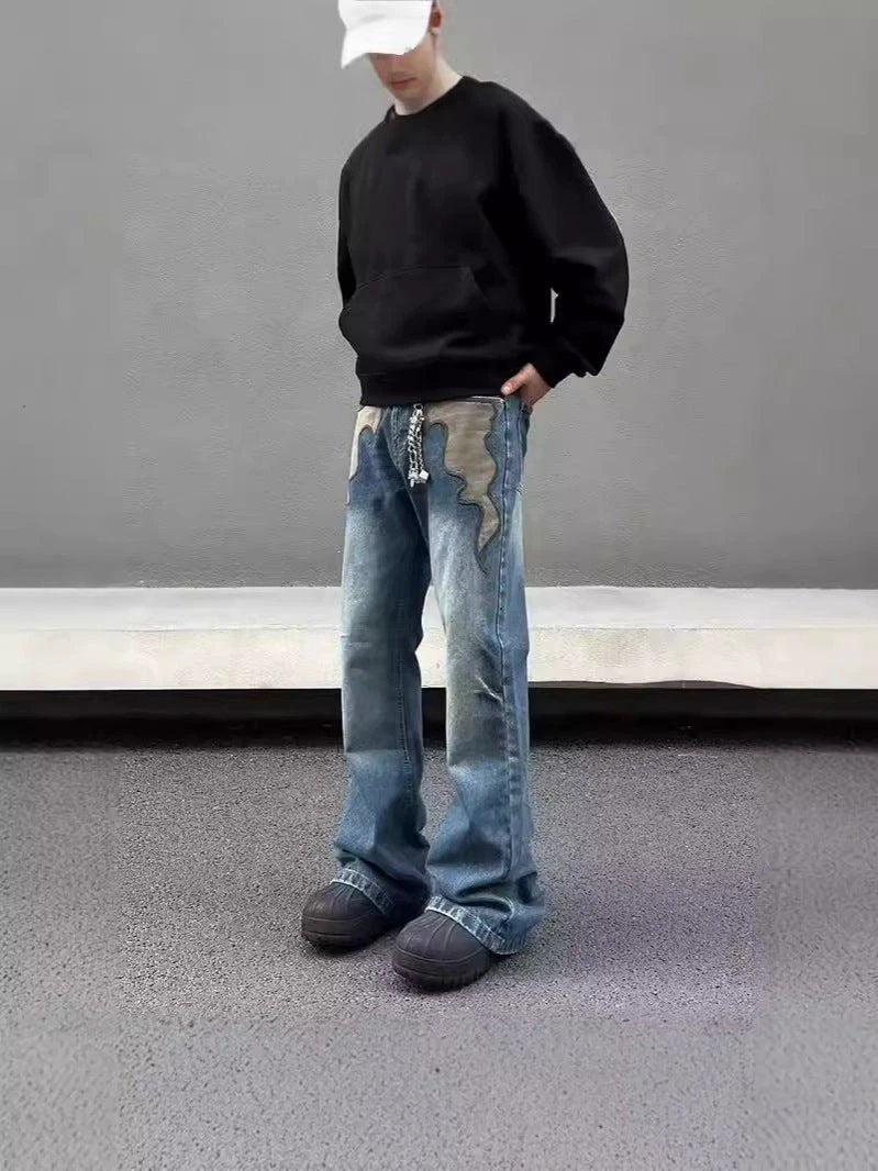 Men's Retro Flame Washed Straight Leg Jeans by GJG Denim