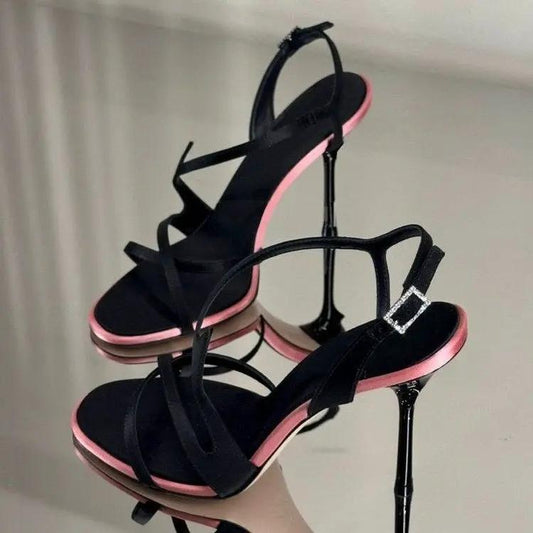 Chuyuji Black Stiletto High Heels 2026 New Summer Open Toe One Strap Satin Color Block Elegant Dating Sandals by GJG Denim
