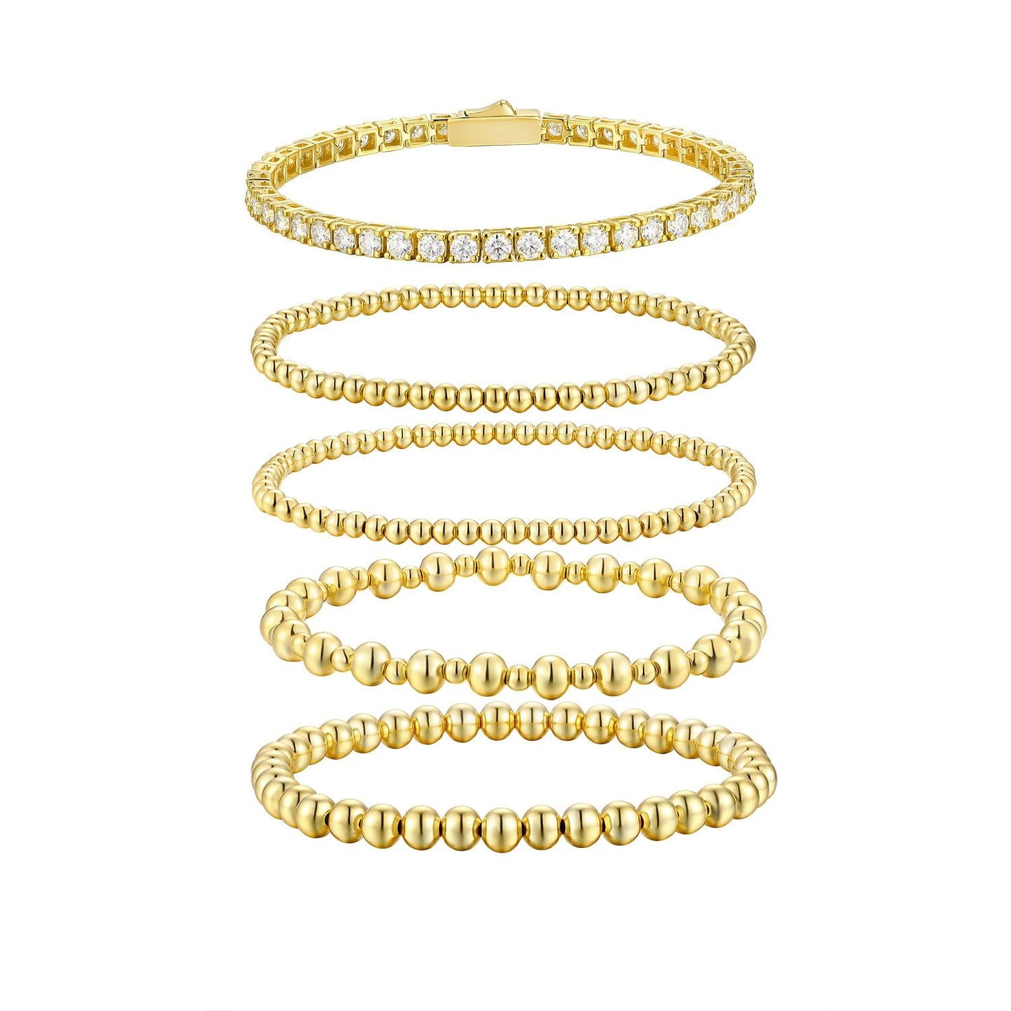 Moissanite Round Beads Classic Style Gold Twin 5-piece Bracelet Set Does Not Fade by GJG Denim