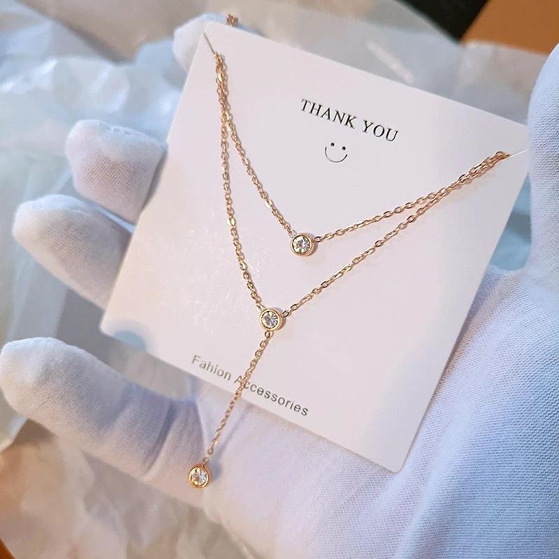 Single rhinestone Zircon Tassel Titanium Steel Necklace For Women by GJG Denim