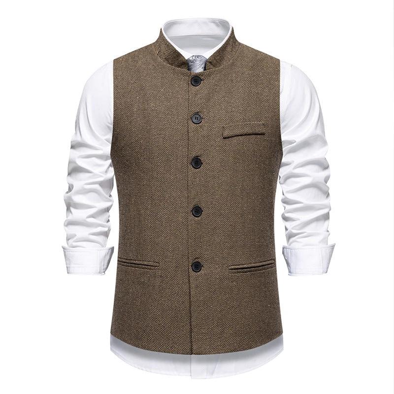Men's Retro Stand Collar Herringbone Solid Color Suit Vest by GJG Denim