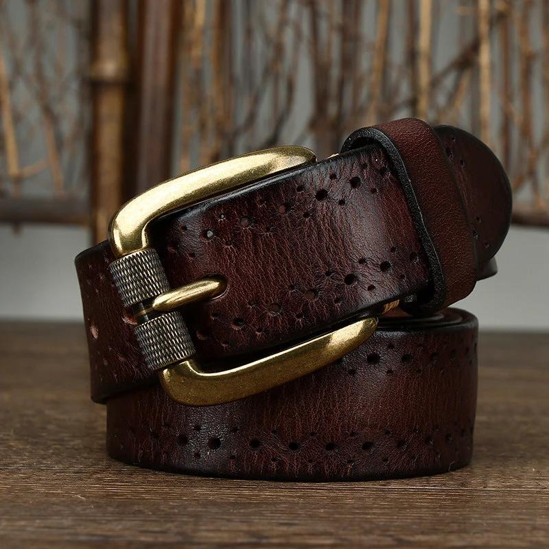 Hollowed-out First-layer Cowhide Pin-buckle Belt For Men by GJG Denim