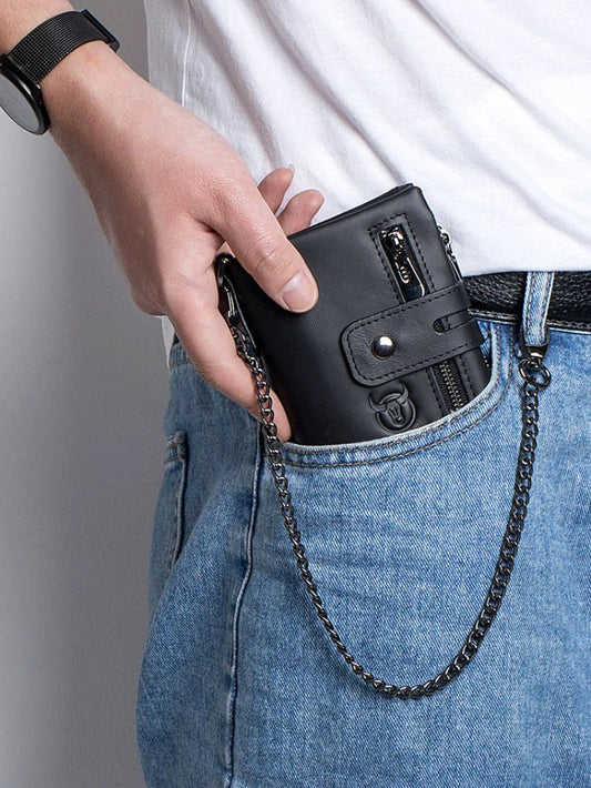 Men's Retro Genuine Leather Wallet Compact Bifold With Dual Zippers by GJG Denim