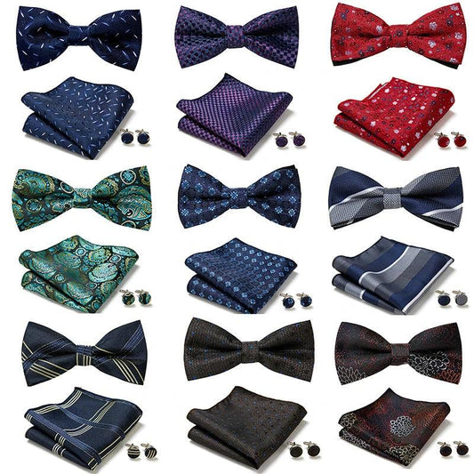 Men's Formal Bow Tie Handkerchief and Cuff links Set by GJG Denim