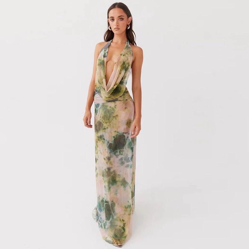 2pcs Tie Dye Printing Deep V-neck Suits Fashion Halter Backless Skirt For Beach Party Womens Clothing by GJG Denim