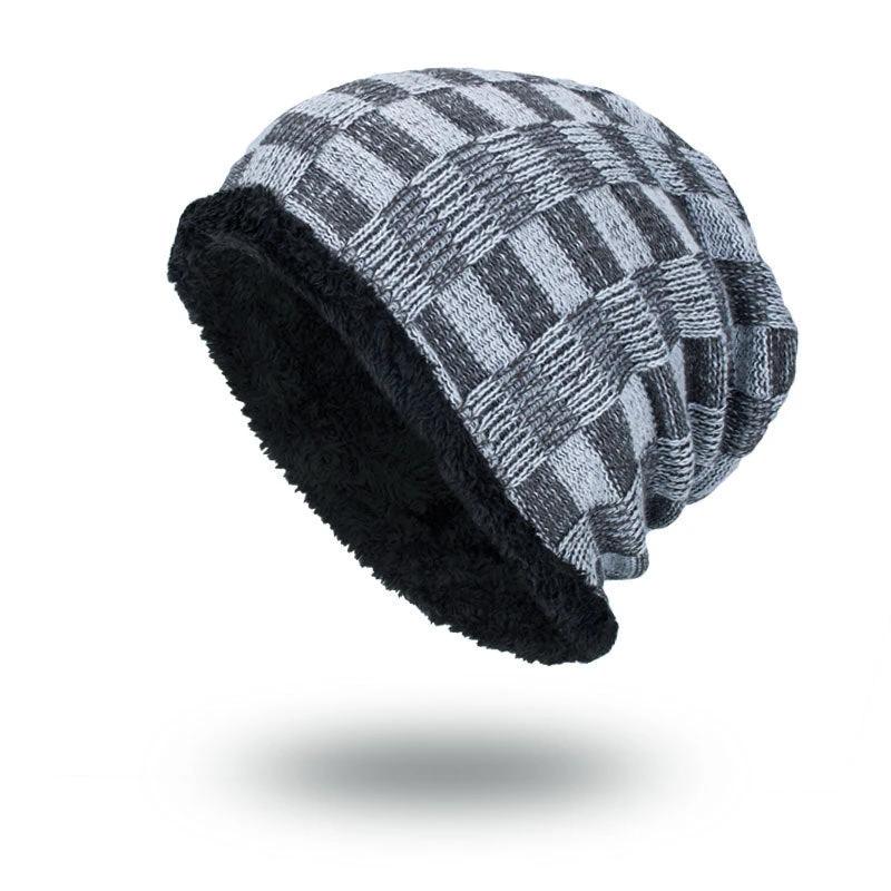 Men's Knitted Wool Plus Velvet Warm Contrast Color Small Square Beanie by GJG Denim