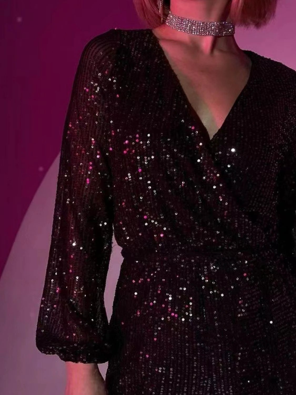 Full Size Sequin Surplice Tie Waist Long Sleeve Romper by Lady Ros