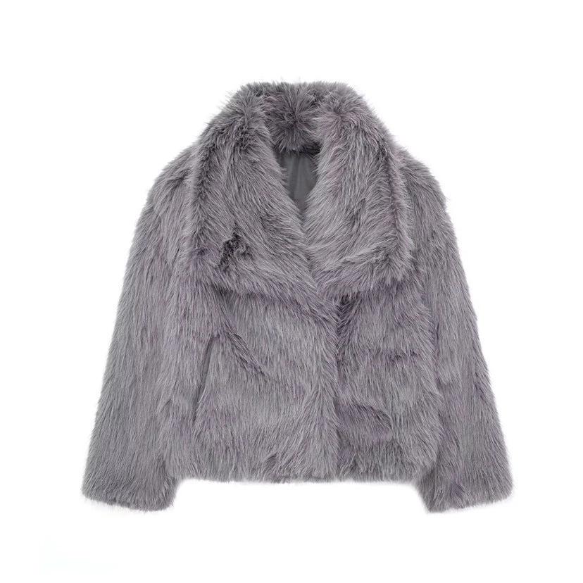 Large Lapel Fluffy Plush Artificial Fur Short by GJG Denim