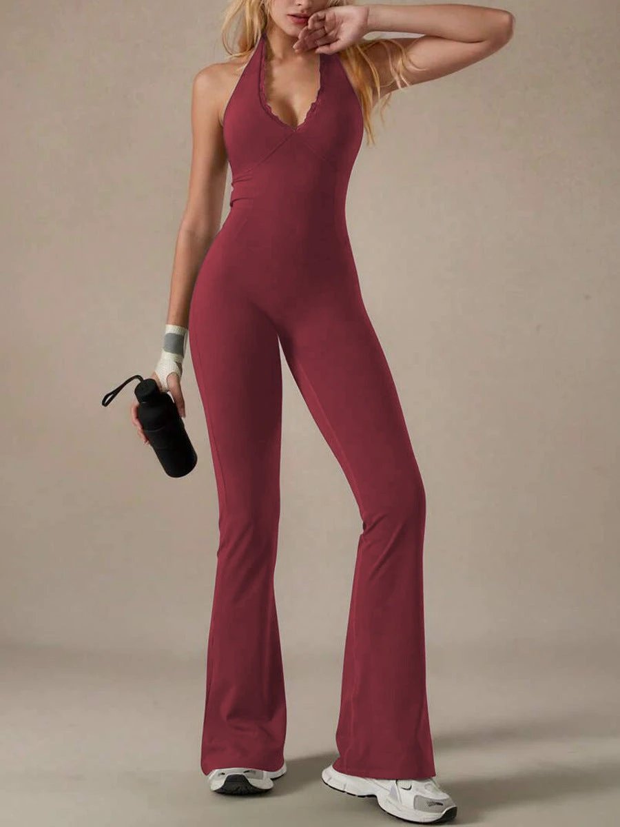 Lace Neckline Yoga Clothes Trousers Running Sports Neck-hanging Jumpsuit by GJG Denim