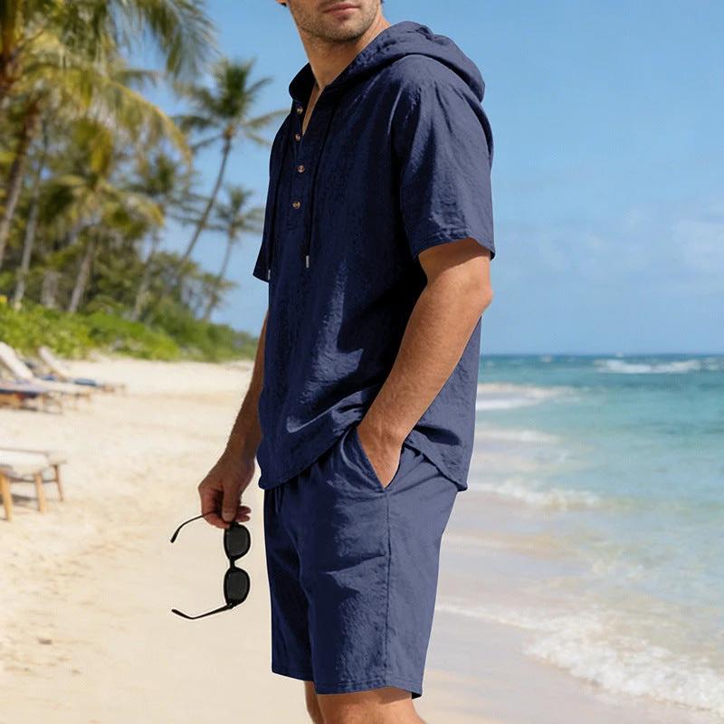 Mens Loose Breathable Linen Hooded Casual Set by GJG Denim