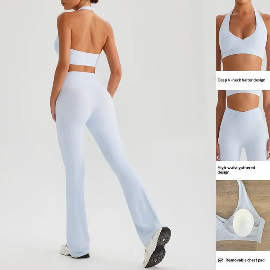 Yoga Sports Halter Bra And Tennis Skirt Two-Piece Set Outdoor Running Fitness Outfit Long And Short Pants Set by GJG Denim