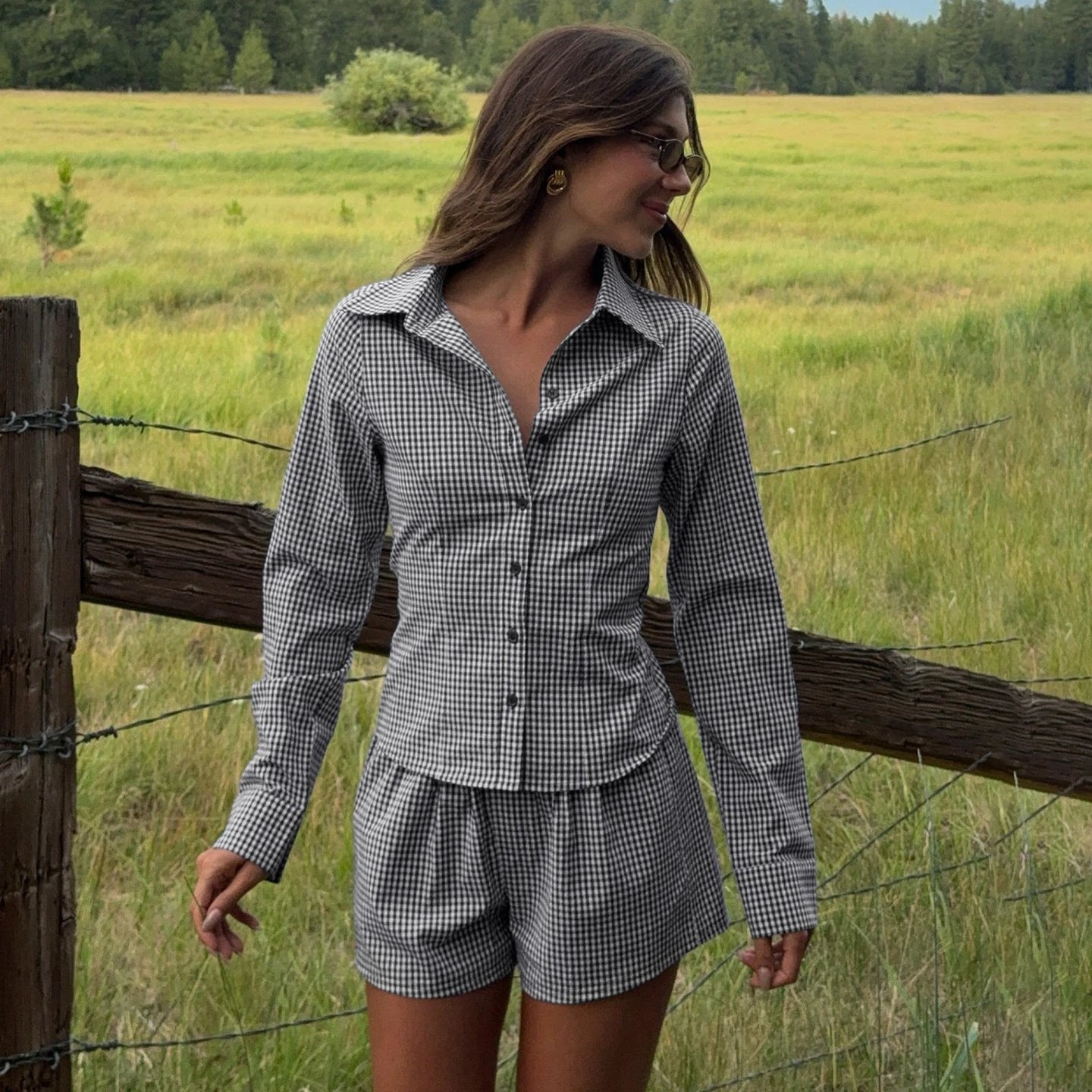 Plaid-printed Button-front Long-sleeve Shirt Cardigan And Elastic-waist Shorts Set by GJG Denim