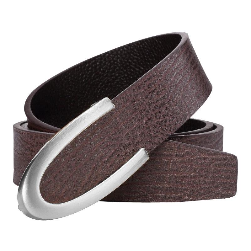 Men's Leather Smooth Buckle First Layer Cowhide Belt by GJG Denim
