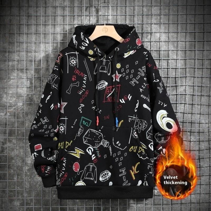 Men's Fleece-lined Graffiti Hooded Sweater by GJG Denim