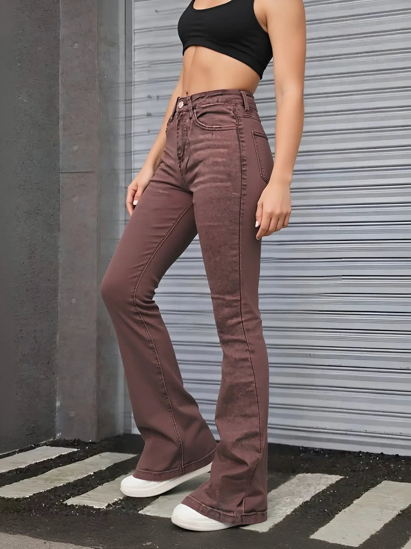 Women's Brown High Rise Flare Jeans, Washed Stretchy Bell Bottom Denim Pants by GJG Denim