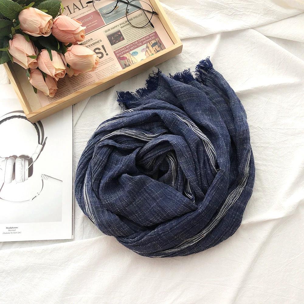 Thin Striped Solid Color Cotton And Linen Scarf by GJG Denim