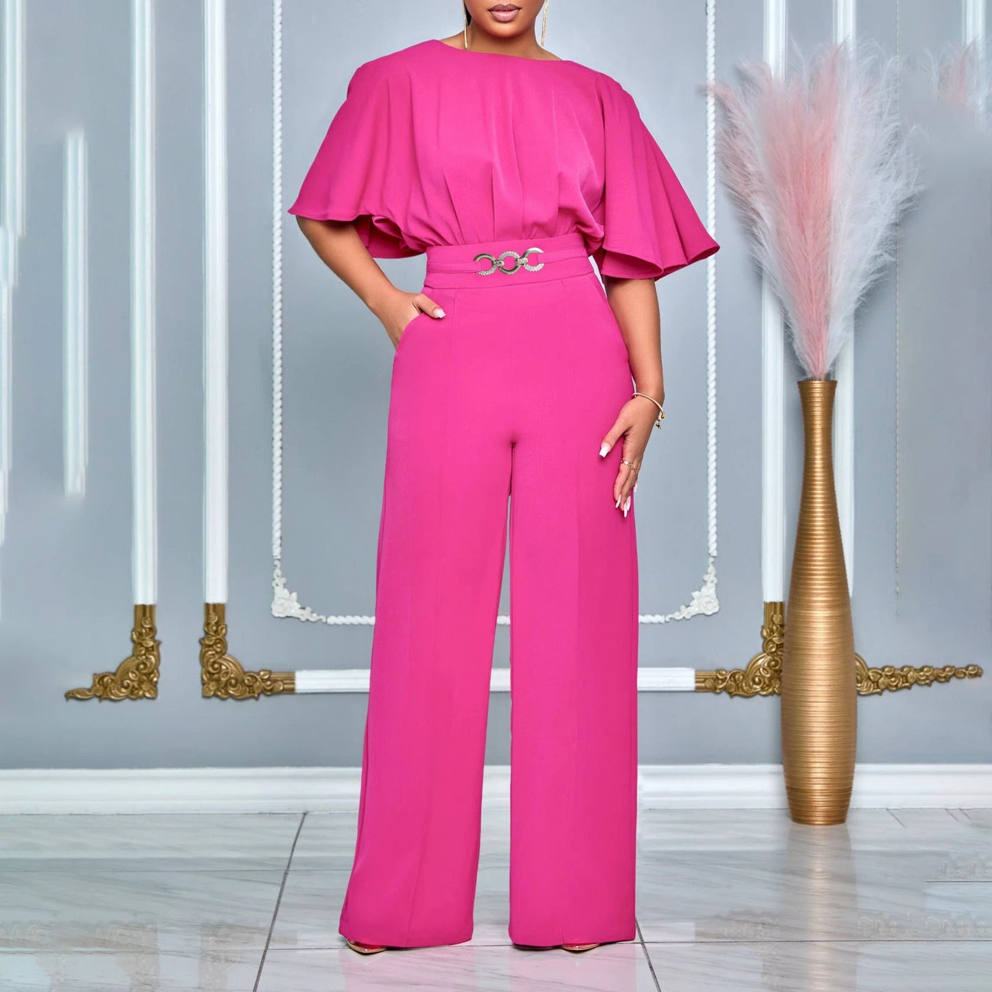 Fashion Round Neck Solid Color High Waist Plus Size African Wide Leg Jumpsuit by GJG Denim