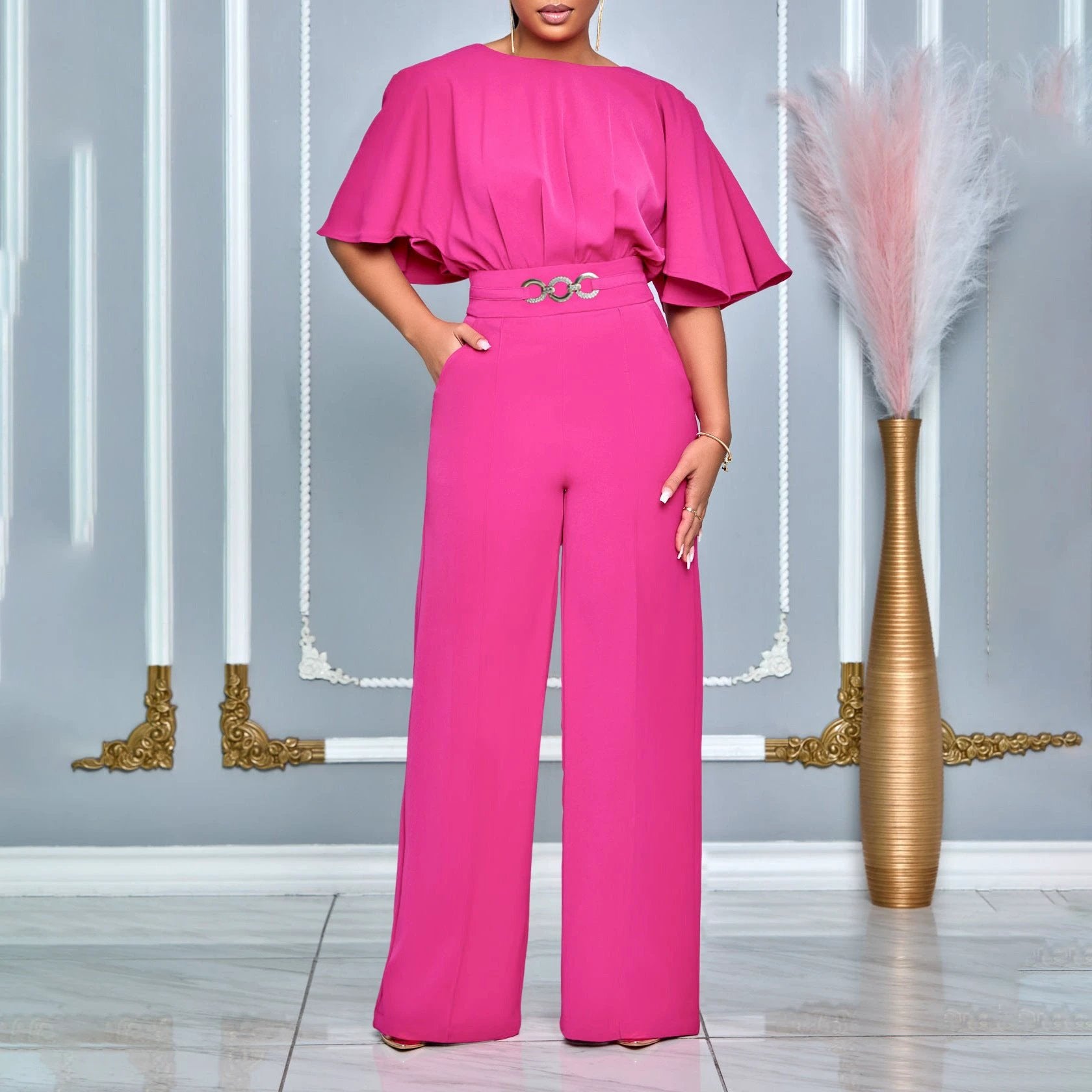 Fashion Round Neck Solid Color High Waist Plus Size African Wide Leg Jumpsuit by GJG Denim
