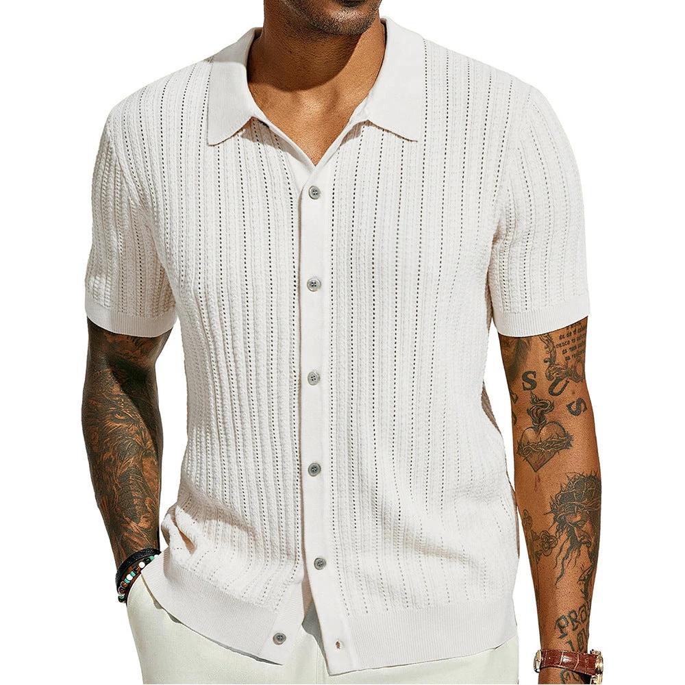 Summer Cool Knitted Men's Shirt Short Sleeved Lapel Solid Color by GJG Denim