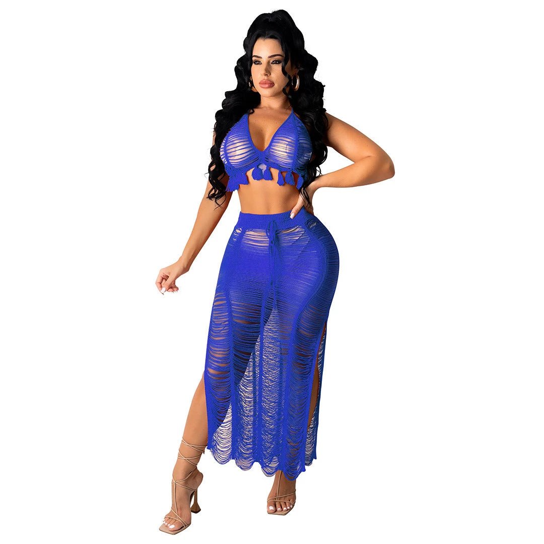See-through Tassel Knitted Beach Skirt Suit by GJG Denim