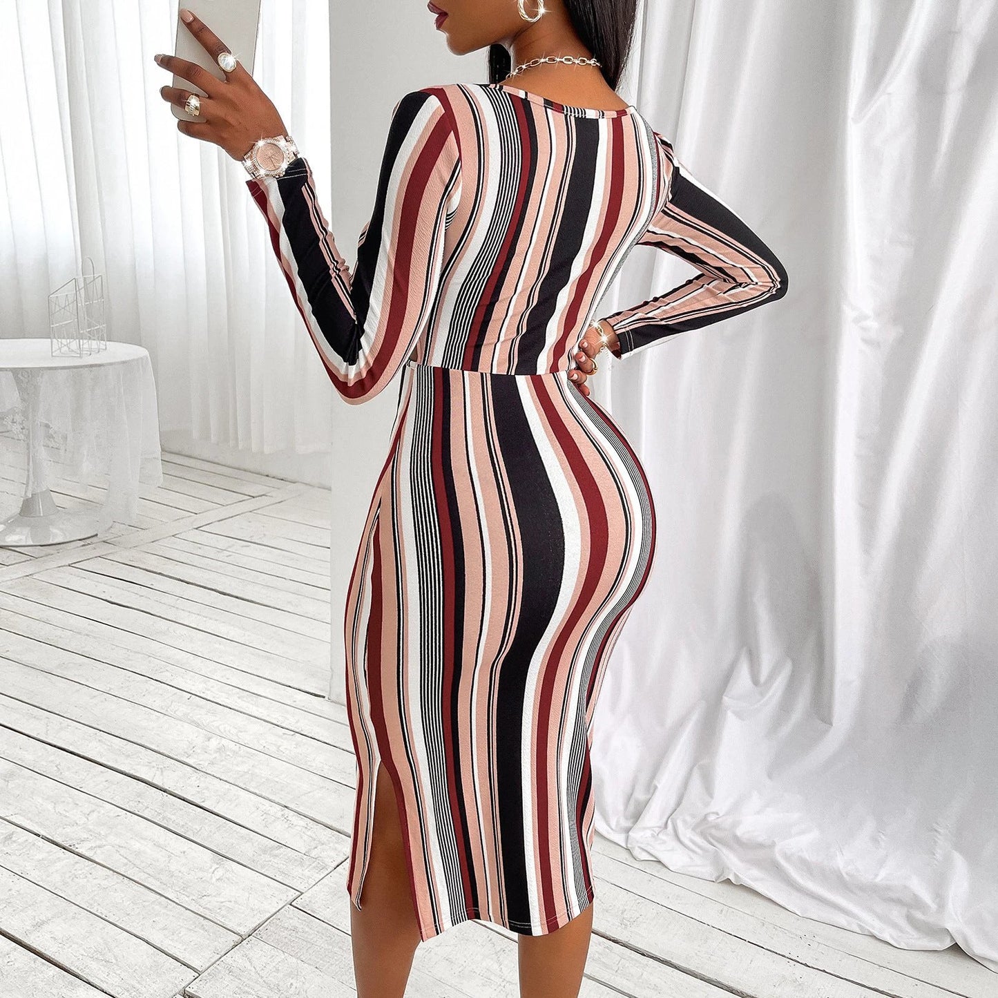 Women's Wrap Chest Striped Long Sleeve Dress by GJG Denim