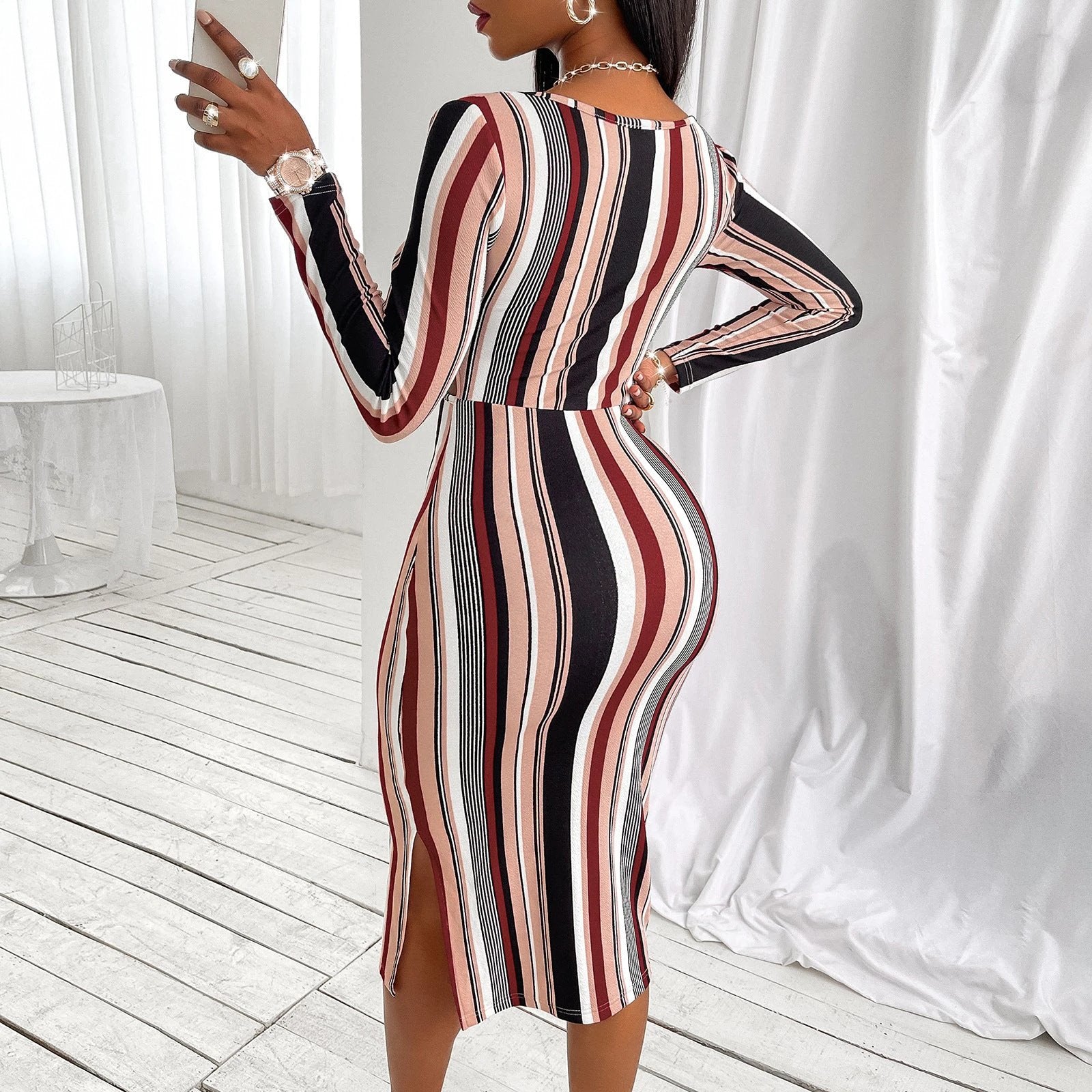 Women's Wrap Chest Striped Long Sleeve Dress by GJG Denim
