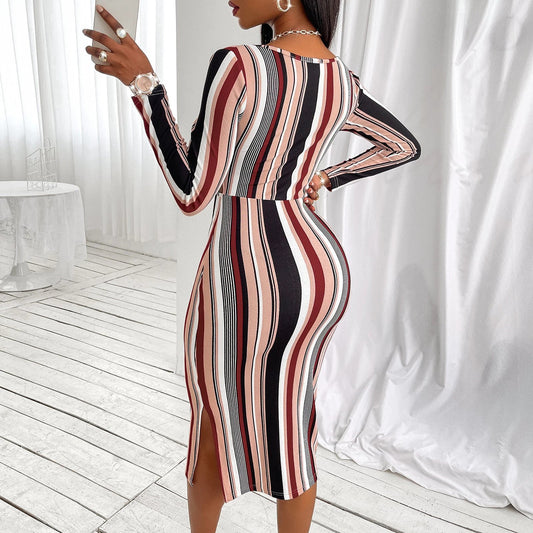Women's Wrap Chest Striped Long Sleeve Dress by GJG Denim