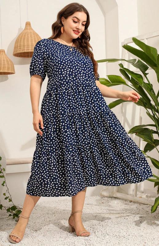 Maternity Dress - Plus Size Short Sleeve Puffed Sleeve Print Dress by Lady Ros