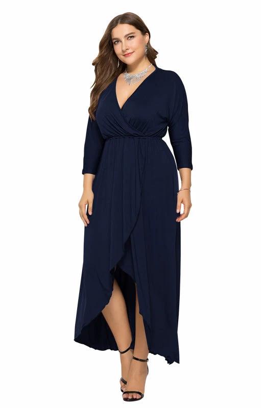 Plus Size Deep V Dress - Three Quarter Sleeve Knit Dress by Lady Ros