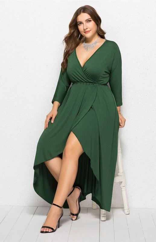 Plus Size Deep V Dress - Three Quarter Sleeve Knit Dress by Lady Ros