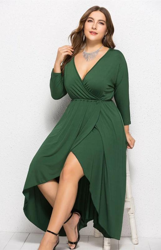 Plus Size Deep V Dress - Three Quarter Sleeve Knit Dress by Lady Ros