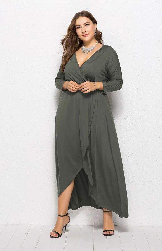Plus Size Deep V Dress - Three Quarter Sleeve Knit Dress by Lady Ros
