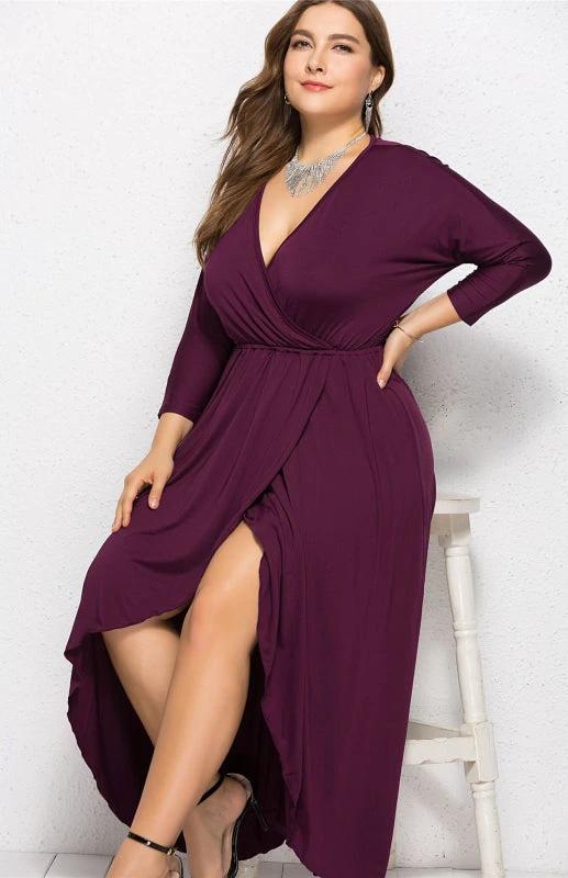 Plus Size Deep V Dress - Three Quarter Sleeve Knit Dress by Lady Ros