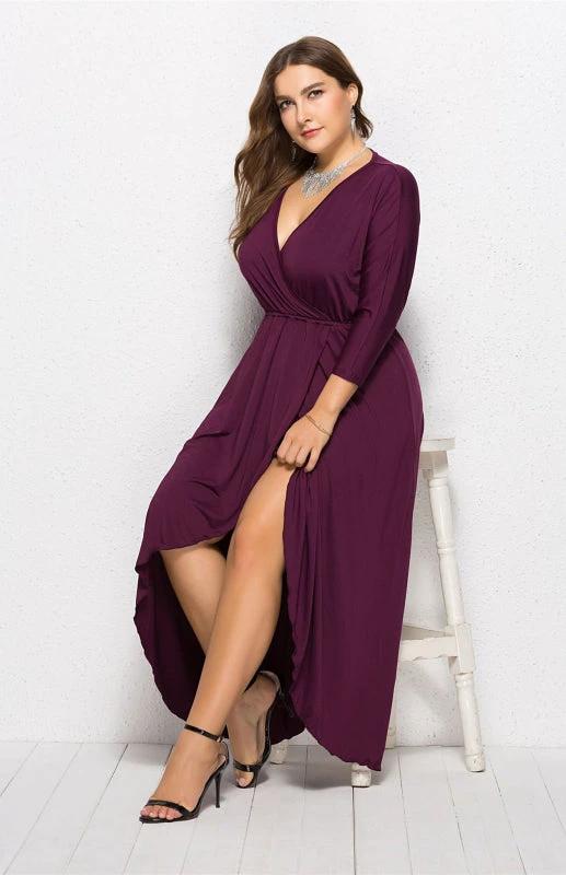 Plus Size Deep V Dress - Three Quarter Sleeve Knit Dress by Lady Ros
