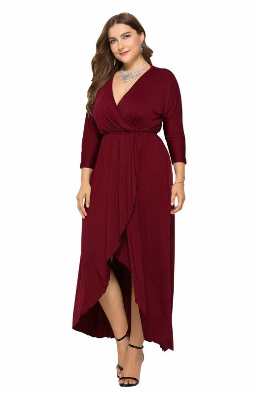 Plus Size Deep V Dress - Three Quarter Sleeve Knit Dress by Lady Ros