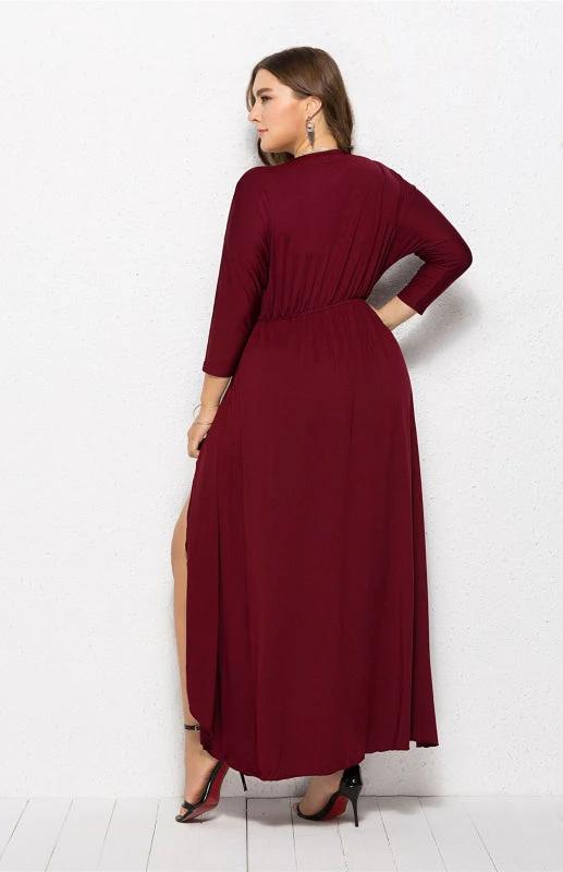 Plus Size Deep V Dress - Three Quarter Sleeve Knit Dress by Lady Ros