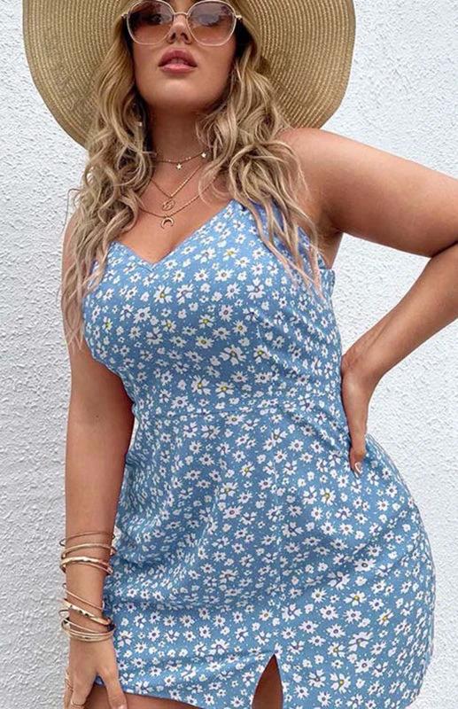 Plus Size Floral Slit Sling Short Dress for Women by Lady Ros