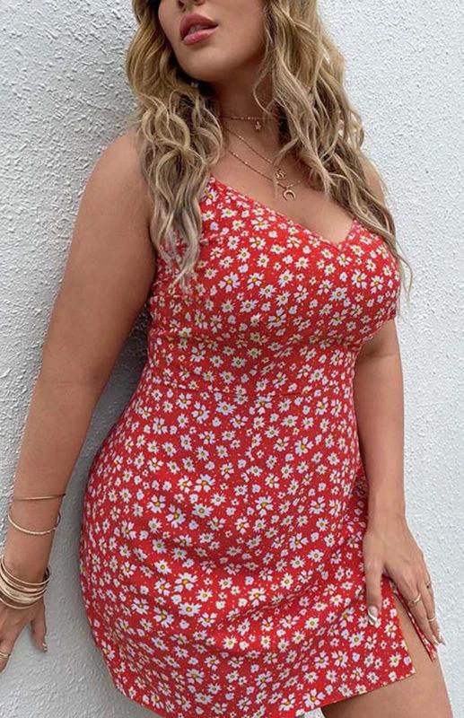 Plus Size Floral Slit Sling Short Dress for Women by Lady Ros