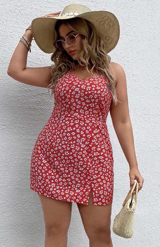 Plus Size Floral Slit Sling Short Dress for Women by Lady Ros