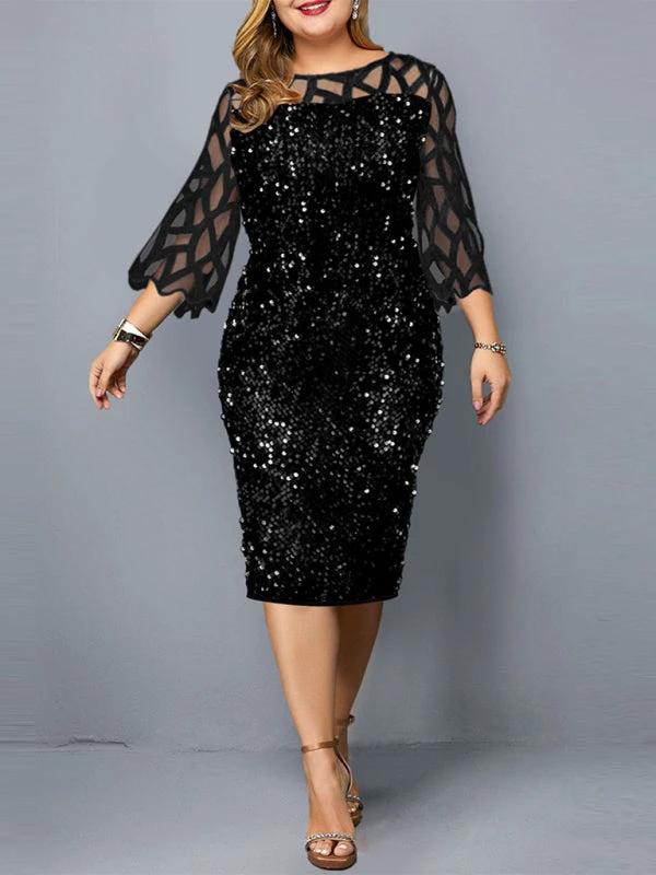 Plus Size Sequin Dress - Three Quarter Sleeve Round Neck Dress by Lady Ros
