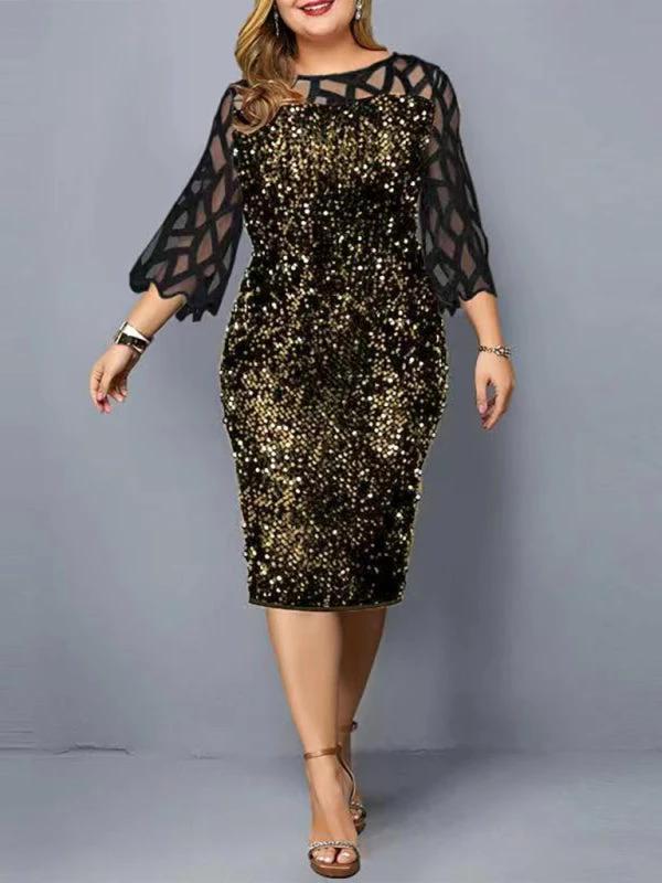 Plus Size Sequin Dress - Three Quarter Sleeve Round Neck Dress by Lady Ros