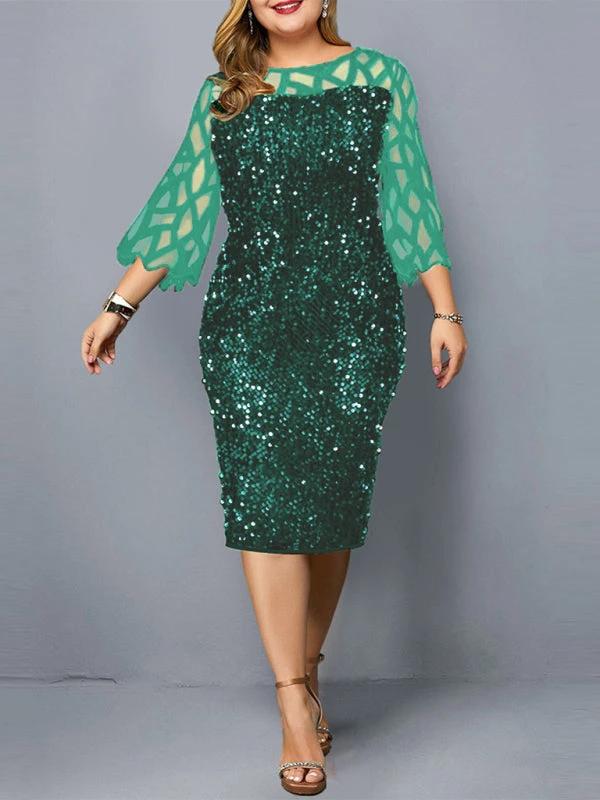 Plus Size Sequin Dress - Three Quarter Sleeve Round Neck Dress by Lady Ros