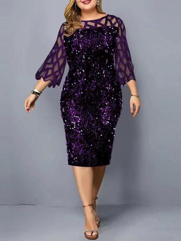 Plus Size Sequin Dress - Three Quarter Sleeve Round Neck Dress by Lady Ros